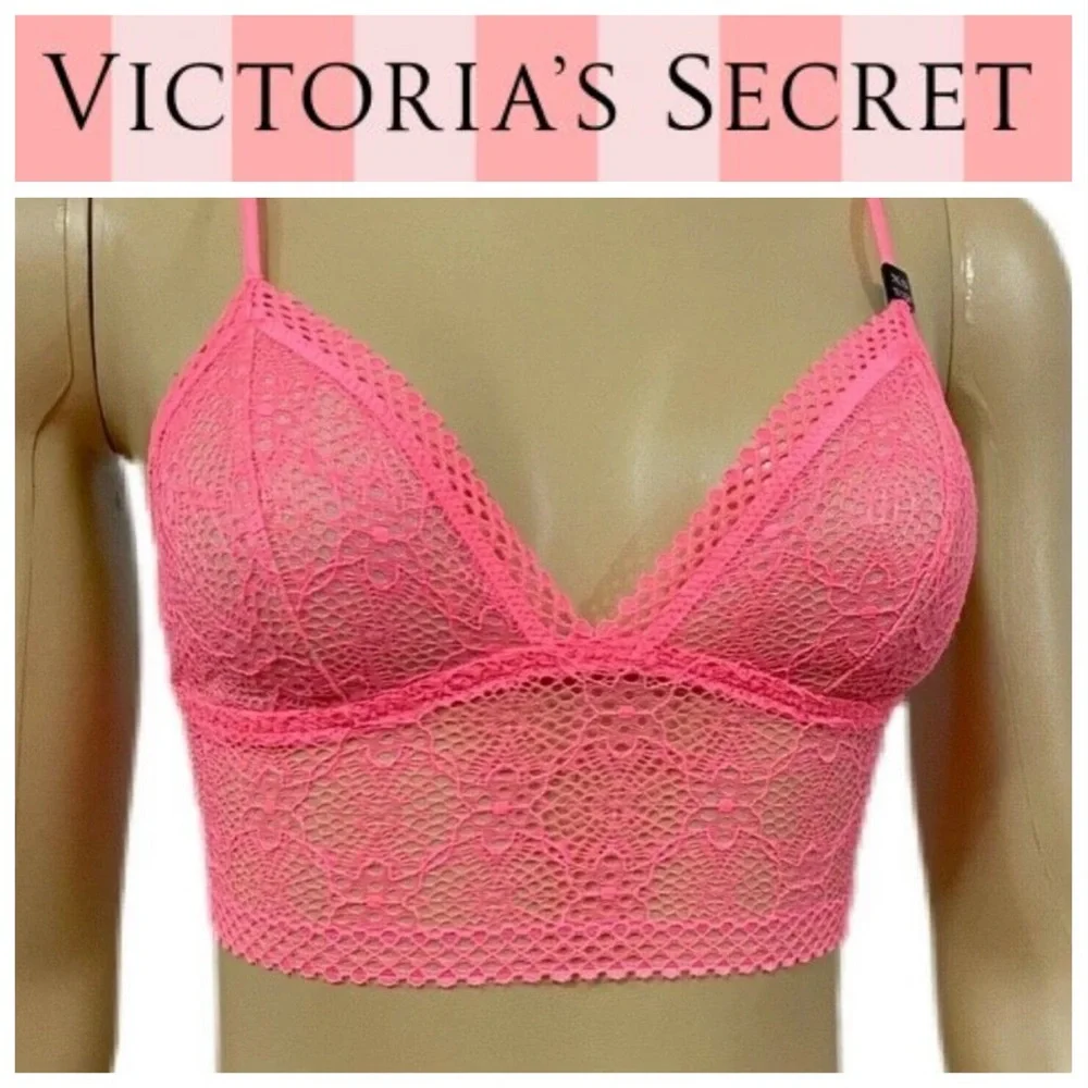 Victoria's Secret XL (38D to 40B-C) Bra Longline Bralette Coral Neon Pink Lace